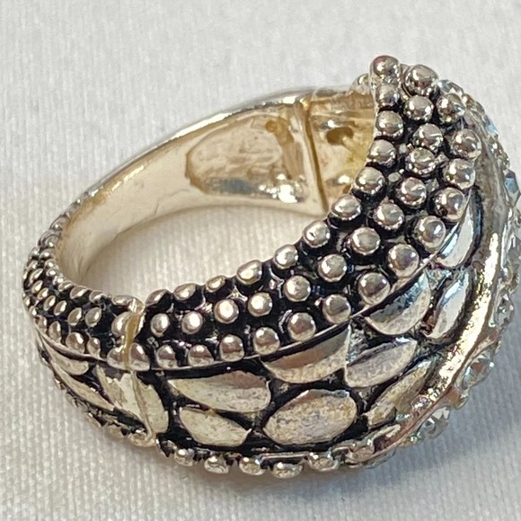 Ornate Silver Tone Ring Clear Stones Adjustable Stretch - Picture 2 of 9